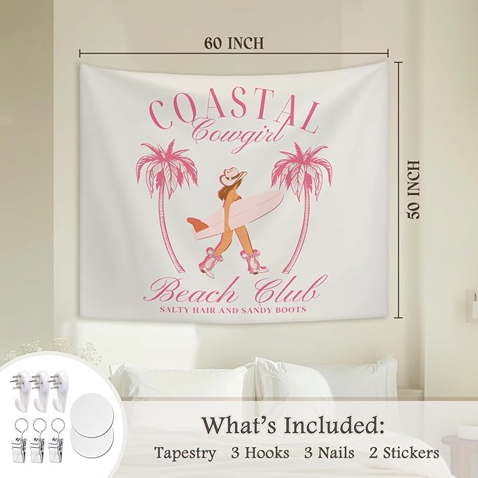 STHTTSW Coquette Coastal Cowgirl Tapestry, Pink Aesthetic Tapestries Wall Blanket, Preppy Girly Wall Hanging Decor for Teen Girl Women Room College Dorm Apartment Bedroom, 50x60 Inch