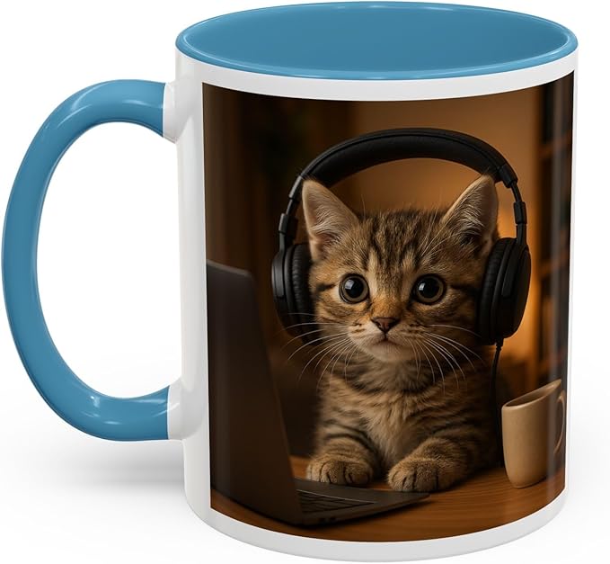 Adorable Cat Coffee Mug, Cute Kitten with Earphones, Pet Lover Gift, Tea Cup, Animal Lover Mug, Coffee Cup