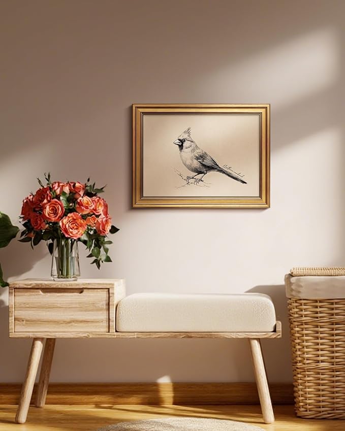 Bzstyleart Vintage Wall Art Decor,Vintage Gold Framed Wall Art Anthropologie for Living Room,Yili State Bird Canvas Prints Home Decor Aesthetic,Sketch Painting for Bedroom Bathroom,12L x 16W