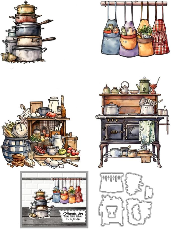 Kitchen Utensils Pots Stamps and Cutting Dies for Card Making DIY Transparent Silicone Clear Stamp and Metal Die Cuts Sets for Scrapbooking Paper Greeting Cards Decor Seals Craft Supplies