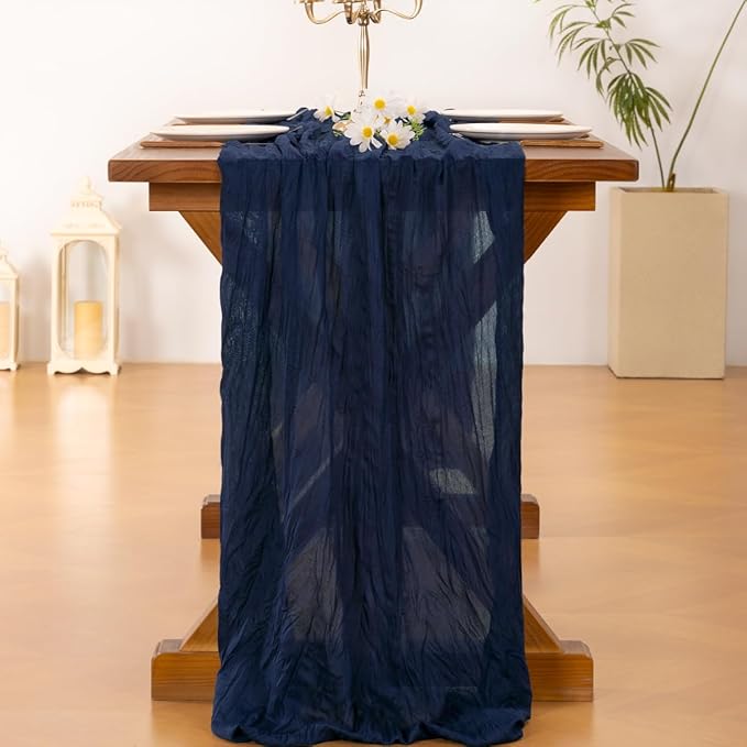 Socomi 6pcs Navy Blue Valentine's Day Cheesecloth Table Runner Boho Rustic Gauze 120 inch 10FT Cheese Cloth Runner for Wedding Party Baby Shower Birthday Home Decor Holiday Decorations