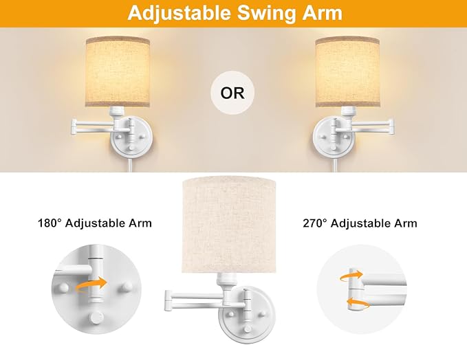 Plug in Wall Sconces with Remote Control, Dimming, Adjustable Colors 2700K-6500K, Hardwire or Plug-in, Swing Arm Wall Lamp with Linen Fabric Shade, Wall Sconces Set of Two, White Finish