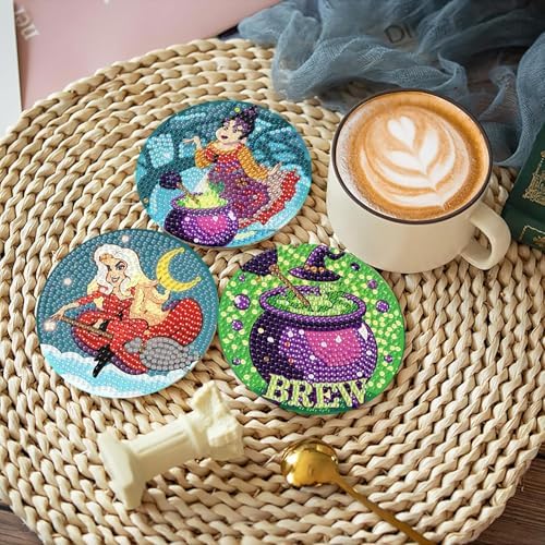 6 Pcs Diamond Paintings Coasters Kits with Holder, DIY Halloween Coaster Diamond Art Kits, Full Drill Rhinestone Painting Kits for Adults, Beginners Art Craft Supplies - Image 2