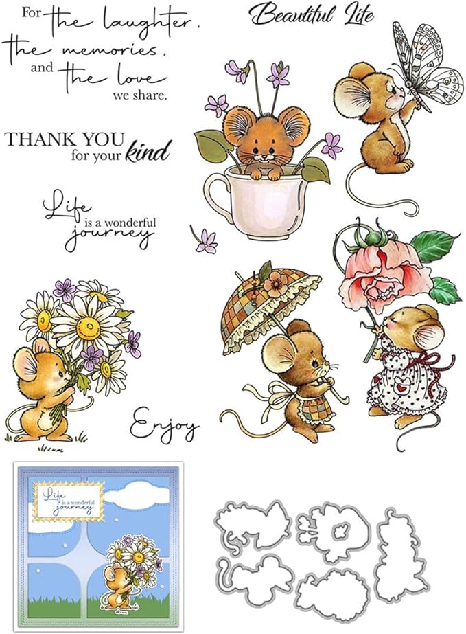 Mouse Holding Flowers Stamps and Cutting Dies for Card Making DIY Transparent Silicone Clear Stamp and Metal Die Cuts Sets for Scrapbooking Paper Greeting Cards Decor Seals Craft Supplies