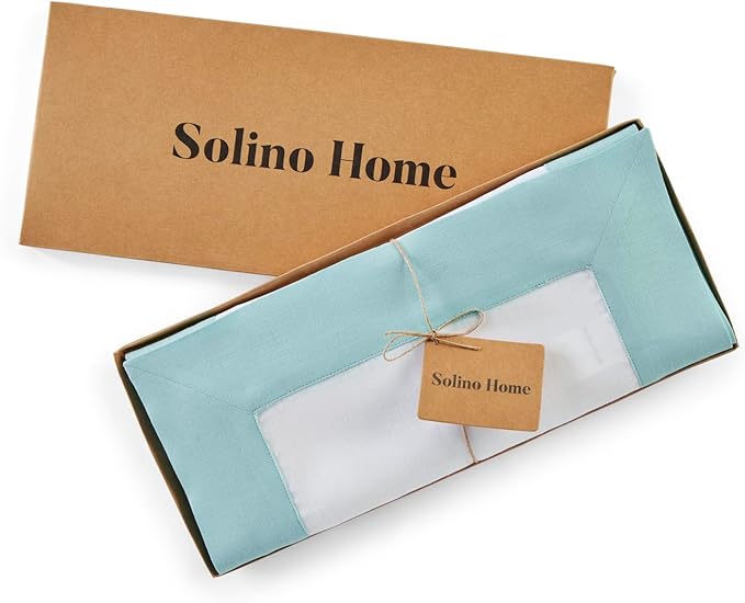 Solino Home Linen Table Runner 36 Inches - 100% Pure Linen Aqua Blue and White Short Table Runner 14 x 36 Inch Ideal for Dresser and Coffee Tables - Contempo, Winter, Spring, Easter
