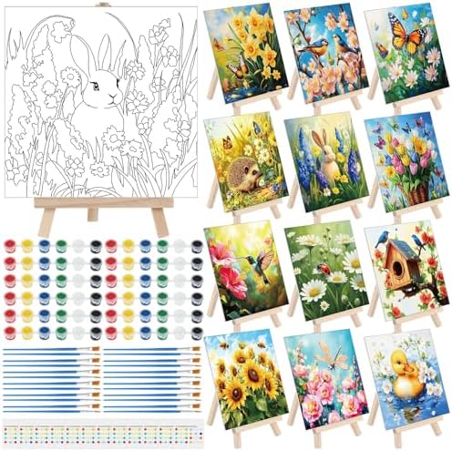 Tenceur 12 Sets Pre Drawn Canvas to Paint Adult Stretched Coloring Painting Canvas Panels with Design Easel and Brushes for Party Supplies Beginner Favor(Garden) by Tenceur