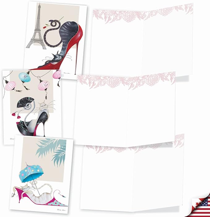 The Best Card Company - 10 Blank Note Cards for Women (4 x 5.12 Inch) - Assorted Fashion Greeting Cards for All Occasions - Catitude Shoes M3324