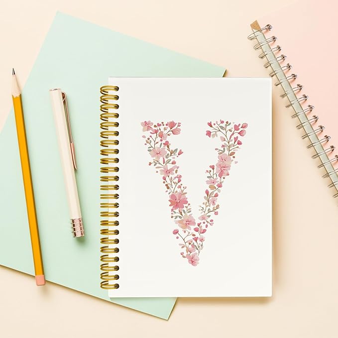 Pink Cute Spiral Notebook Journal, Preppy Floral Initial Letter V Personalized Journaling Notebooks, Monogrammed Gifts for Women Girls, Botanical Hardcover Spiral Lined Notebook 5.5 x 8.3