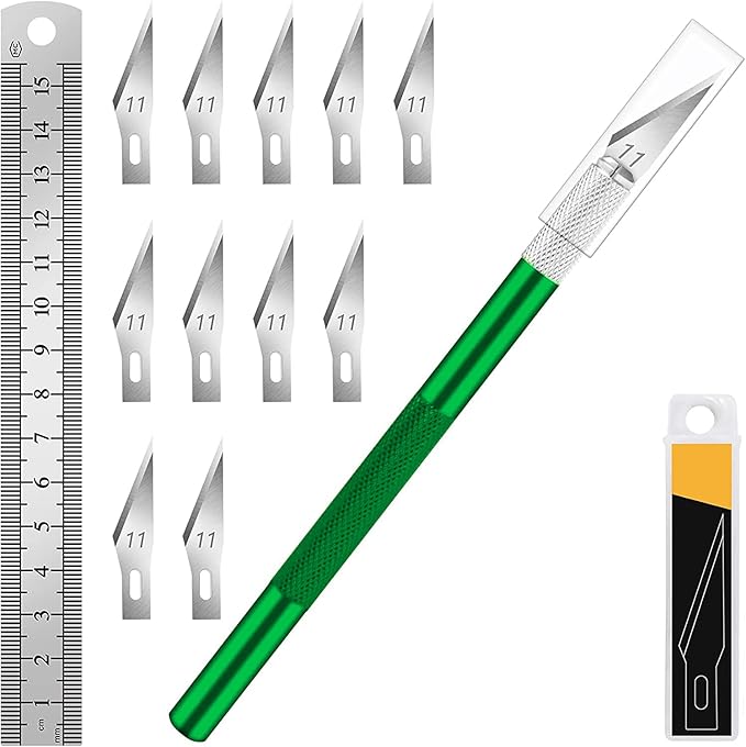 DIYSELF 1 Pcs Exacto Knife with 11 Pcs SK5 High Carbon Steel Exacto Blades Kit, Precision Craft Hobby Art Knife and 1pcs Steel 15cm Ruler for Fondant, Scrapbooking, Stencil (Green)