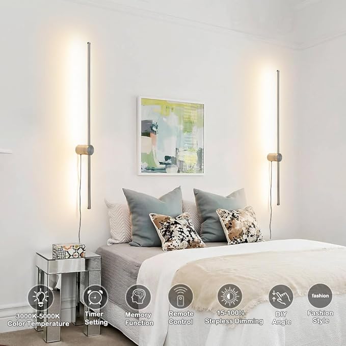 Brush Nickel Plug in Wall Sconces Set of Two, Modern LED Wall Lamp with Remote Control, 3 CCT 3000K-5000K Dimmable, Plug in Wall Light with Timer, 39.4 Inches Wall Sconces with Memory Function