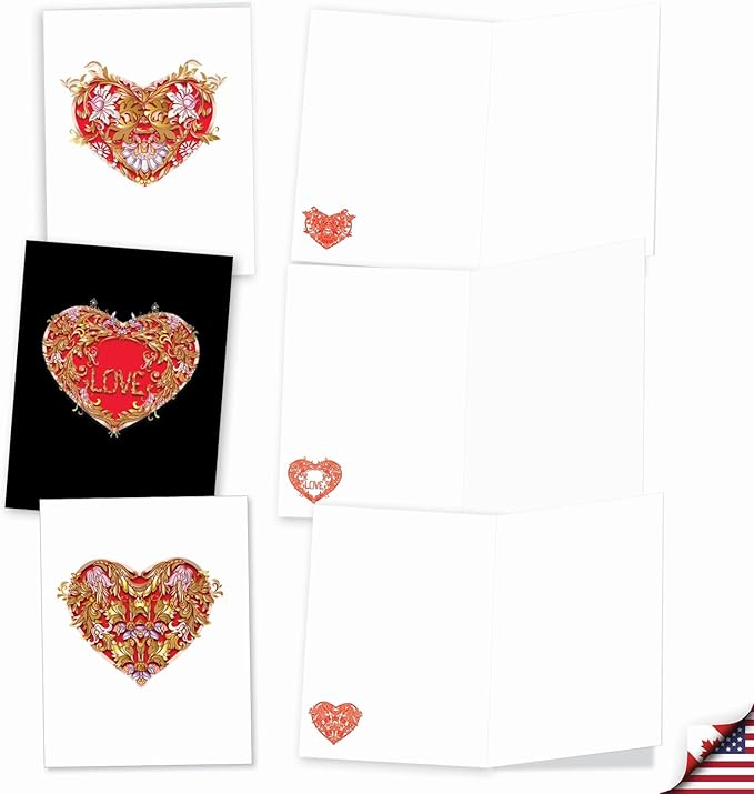 The Best Card Company - 20 Cute Boxed Cards (4 x 5.12 Inch) - Assorted Blank Set (10 Designs, 2 Each) - Baroque Hearts AM8999OCB-B2x10