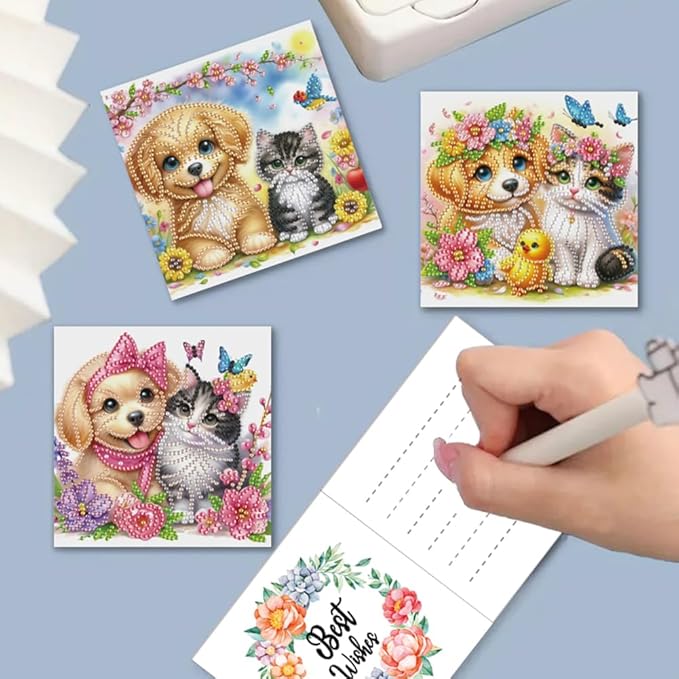 Ceitura 6Pcs DIY Playing Cat and Dog Diamond Art Painting Crafts Rhinestone Painting Greeting Card Making Kit Postcard for Holiday Christmas New Year Party Favors