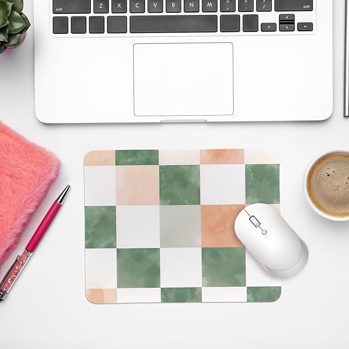 Rusenbao Cute Green Checkered Mouse Pad, Cute Small Mouse Pads for Desk Women, Checkered Office Supplies, Girly Gaming Mousepad for Non-Slip Base, Computer, Office, Laptop, 9.5x7.9 Inch