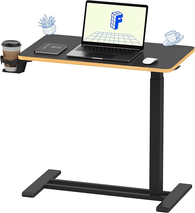 FLEXISPOT H7 Adjustable Overbed Bedside Table with Wheels Pneumatic Mobile Standing Desk Laptop Desk Rolling Computer Cart Movable Overbed Tables Hospital Home Use(27.6" W x 15.7" D, Black Maple)