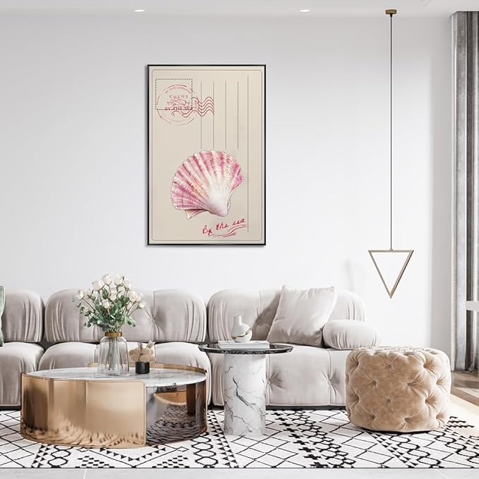 Metal Black Frame Vintage Watercolor Ocean Beach Coastal Pink Seashell Postcard Preppy Canvas Wall Art Cheos By The Sea Print Painting Poster Aesthetics Pictures Boho Decor for Living Room 20x30inch