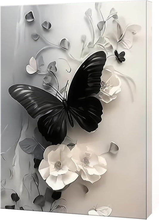 Black Butterfly with Flowers Canvas Poster Modern Minimalist Wall Art Trendy Elegant Painting Prints Vintage Nature Botanical Aesthetic Home Decor for Bedroom Living Room 16x24inch Framed