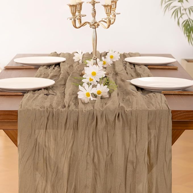 Socomi 15pcs Nude Brown Cheesecloth Table Runner Valentine's Day Boho Rustic Gauze 120 inch 10FT Cheese Cloth Runner for Wedding Party Baby Shower Birthday Home Decor Holiday Decorations