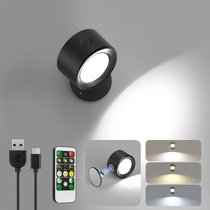 Lightbiz LED Wall Lights with Remote, Wall Mounted Sconces 3000mAh Rechargeable Battery Operated 3 Color Temperatures & Dimmable Magnetic Ball 360°Rotation Cordless Wall Light for Bedroom Bedside