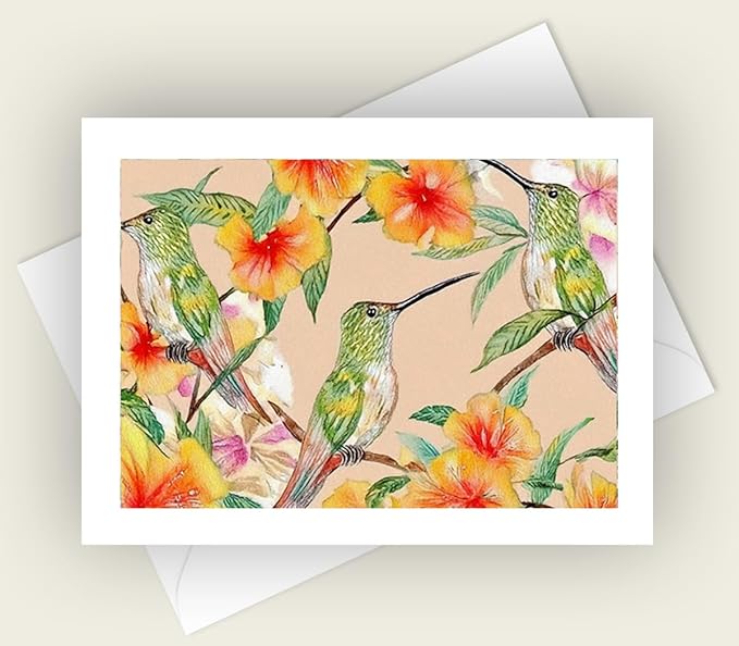 Watercolor Hummingbird Greeting Cards, 5x7 Blank Note Cards with Envelopes, Set of 10, Floral All Occasion Cards
