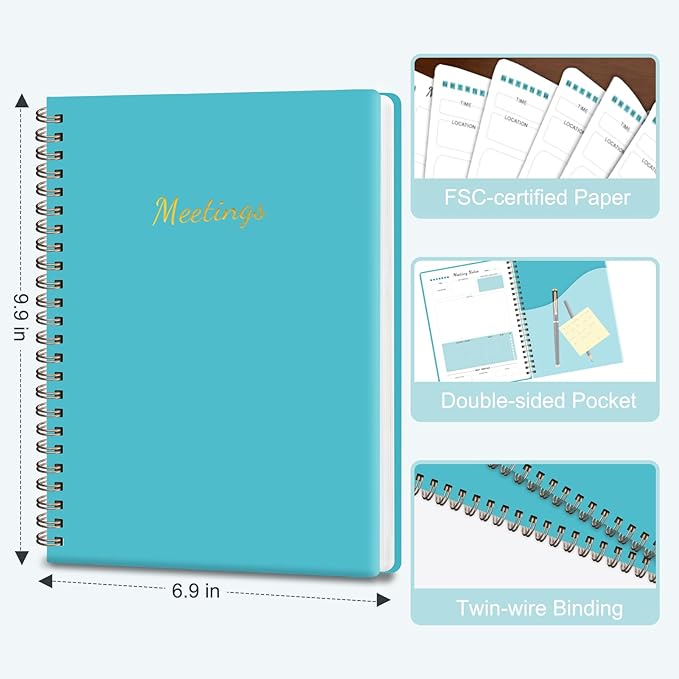 Meeting Notebook for Work Organization, Work Planner Notebook with Action Items, Project Agenda Planner for Note Taking, 160 Pages (6.9" X 9.9"), Office School Business Supplies for Women & Men