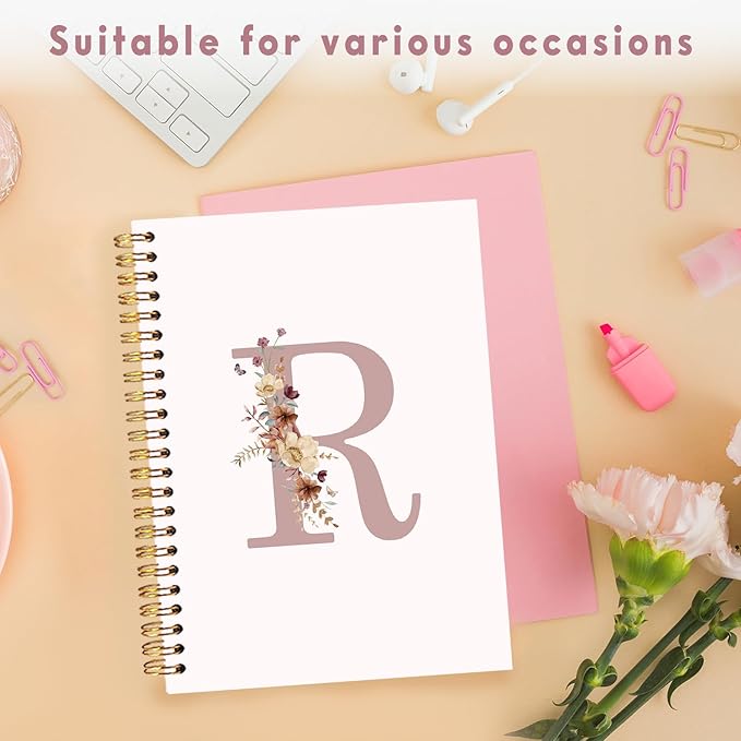 Lacama Pink Initial Letter R Notebook Journal, Customized Monogrammed Gifts, Aesthetic Wildflower Personalized Spiral Notebook, Birthday Gifts for Women, School Supplies, Office Supplies 5.5x8.3