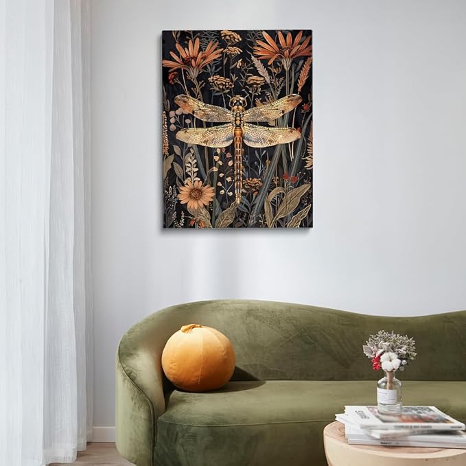 Dragonfly Canvas Wall Art,Moody Wall Art,William Morris Print,Aesthetic Wall Decor,Dark Cottagecore Art,Vintage Animal Dragonfly Posters Prints for Bathroom Farmhouse Decor 16x24in Unframed poster