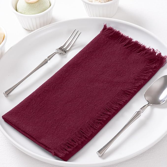 6 Pack Burgundy Red Cotton Linen Napkins with Fringe Christmas Red Cloth Napkins Set of 6 Boho Handmade Dinner Napkins Bulk for Wedding Bridal Baby Shower Valentine's Day, 17 x 17 Inches