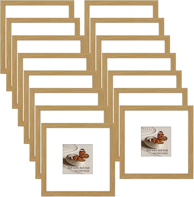 Memory Island 8x8 with 4x4 Photo Frames for Wall and Tabletop Display, 8 by 8 Natural Wood Picture Frames with HD Plexiglass, Set of 15