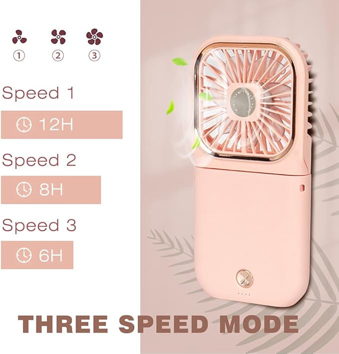 Portable Mini Fan Small Battery Operated Fan 5 in 1 as Power Bank,Phone Holder,Handheld Fan,Desk Fan, USB Rechargeable Personal Hand Fans,3000 mAh Power Bank,3 Speed Adjustable, Neck lanyard, Pink