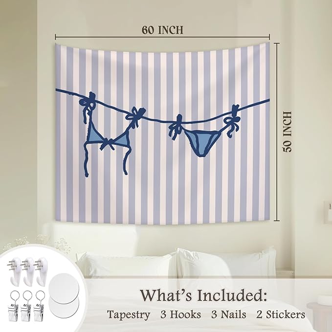 STHTTSW Blue Coastal Bikini Tapestry, Preppy Beachy Tapestries Wall Blanket, Aesthetic Coastal Cowgirl Wall Hanging Decor for Teen Girl Women College Dorm Apartment Bedroom, 50x60 Inch