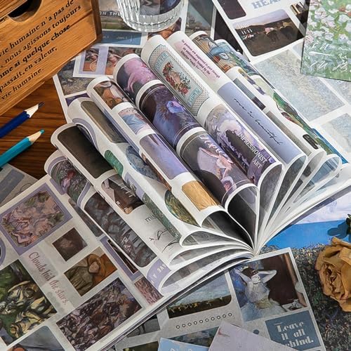 Vintage Scrapbook Stickers, 50 Sheets Aesthetic Oil Painting Sticker Book for Adults with 450pcs Washi Stickers and 20 Sheets Scrapbook Paper Ephemera Sticker Book for Junk Journal Journaling Supplies - Image 3
