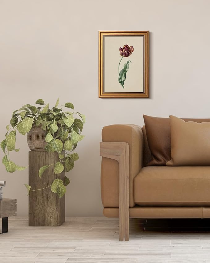 Bzstyleart Vintage Wall Art Decor,Gold Framed Wall Art 12 x 16 Inch Retro Red Tulip for Office,Gold Framed Wall Art, Canvas Picture Print Painting for Bedroom Living Bathroom Classroom Decor