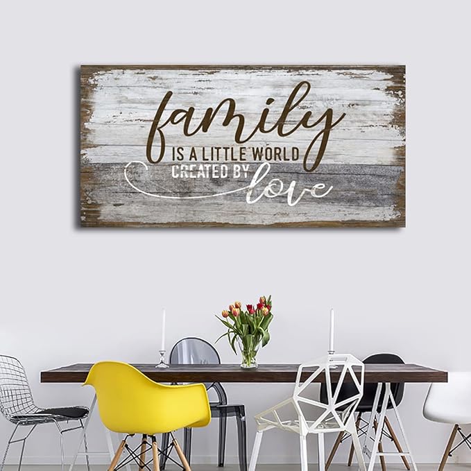 Family Is a Little World Created by Love Canvas Wall Art Rustic Letters Prints Retro Farmhouse Wooden Board Canvas Pictures Wall Decor Vintage Canvas Artwork for Living Room Decoration 20" x 40"