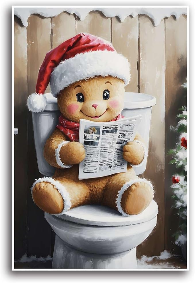 Canvas Wall Art Gingerbread on the Toilet Funny Christmas Poster Bathroom Wall Art Toilet Trendy Christmas Decor 20x30in-UnFramed