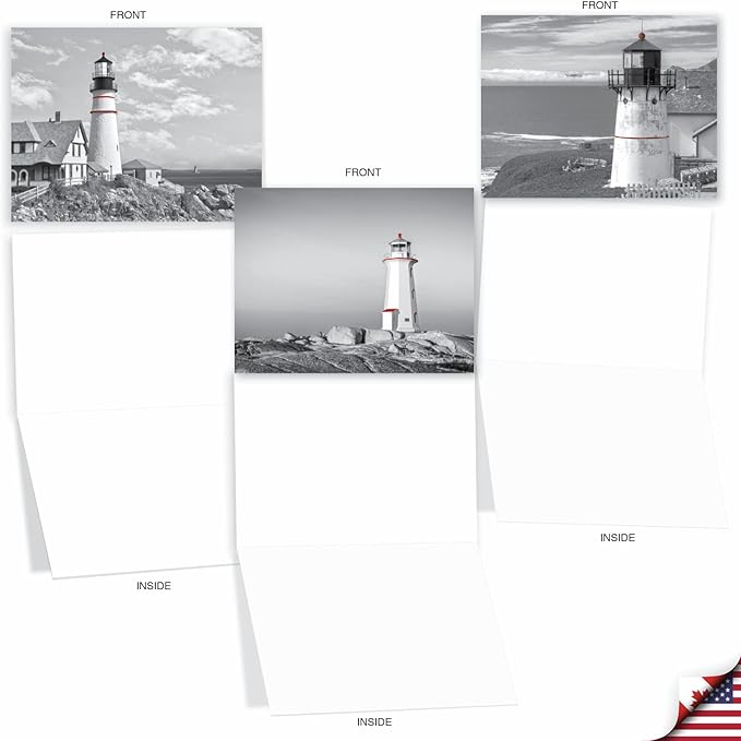 The Best Card Company - 10 Blank Note Cards with Envelopes For Men and Women (4 x 5.12 Inch) - Black & White Photos, Bulk Boxed Set - Red Beacons M1707BN