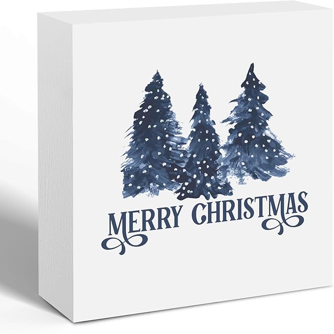 Navy Blue Christmas Tree Wooden Box Sign, Blue Christmas Decor, Farmhouse Merry Xmas Tree Winter Holiday Wood Signs for Home Office Desk Shelf Tabletop Decor, 5x5 Inch Decorative Signage