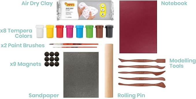Jovi - DIY Air Dry Kit - Magnets Gift Pottery Kit for Adults with White Air Dry Clay + Paints, Sculpting Tools, Step-by-Step Guide and Video Tutorial, Starter Set for Beginners (Magnets)
