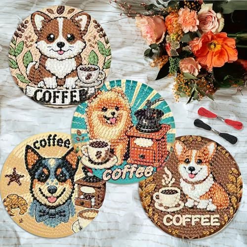 Clendo 8 PCS Coffee Dog Diamond Art Coaster Kits with Holder - Diamond Painting for Adults Beginners - 5D Gem Art Dots Paintings with Cork Pads - Crafts Supplies - Image 5