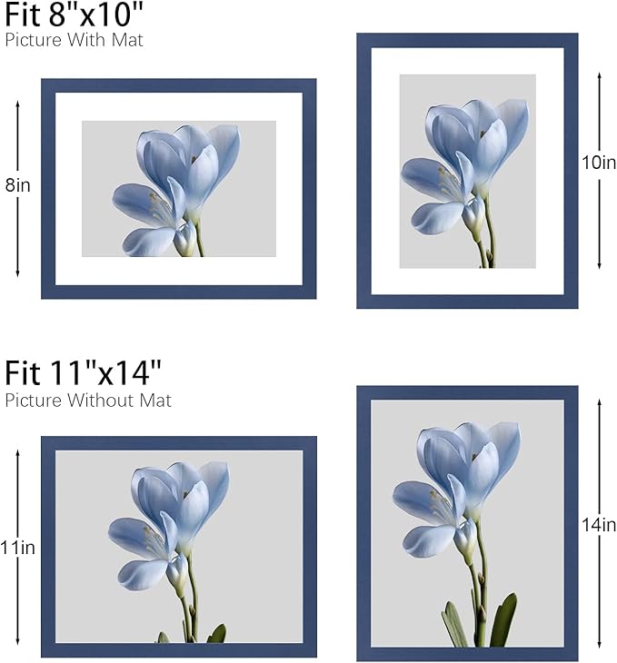 11x14 Picture Frame Set of 9 Photo Gallery Wall Frame Set Display Pictures 8x10 with Mat or 11 x 14 Without Multi Photo Frames for Wall Mounting or Table Top Display, Blue