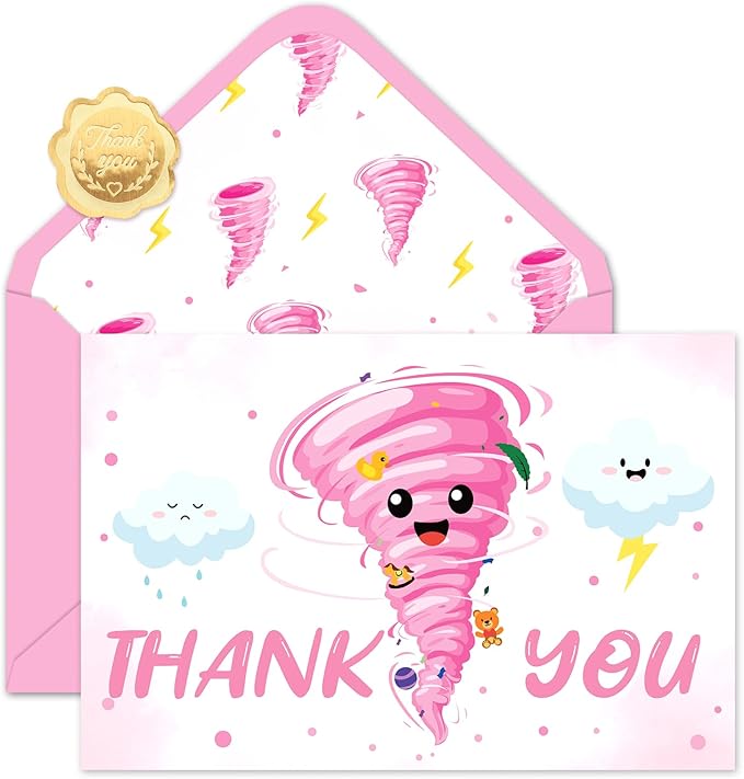 24 Pack Two-nado Party Thank You Card Pink Tornado Greeting Cards with Envelopes Stickers Blank Note Cards for 2nd Birthday Baby Shower, 4 x 6 Inch