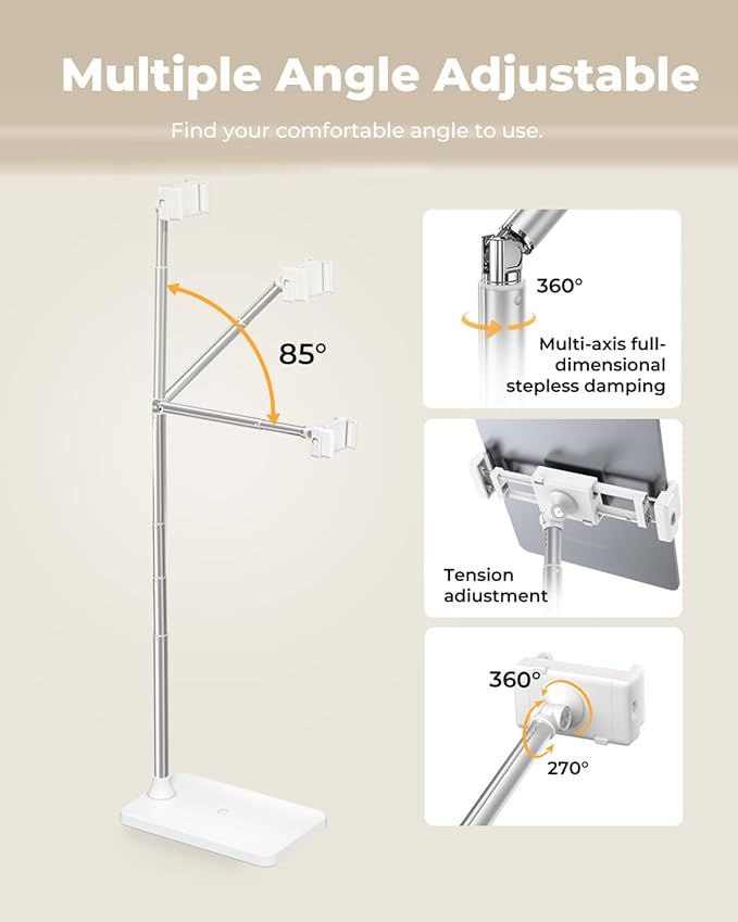 Tablet Floor Stand, Adjustable iPad Holder for Bed & Sofa - 360° Rotating Long Arm, Height Adjustable from 13.5" to 60.3", Sturdy Metal Base for iPad, Tablet, Phone (4-13 Inch), White