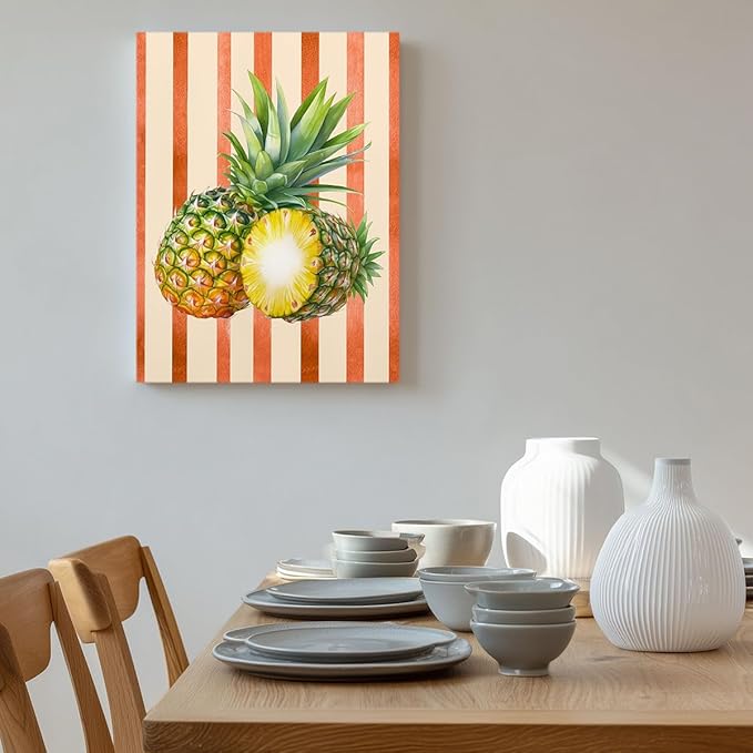 Pineapple Watercolor Wall Art – Tropical Fruit Canvas Print – Summer Kitchen Decor with Orange Stripes – Botanical Pineapple Illustration Poster 12x16inch-Framed