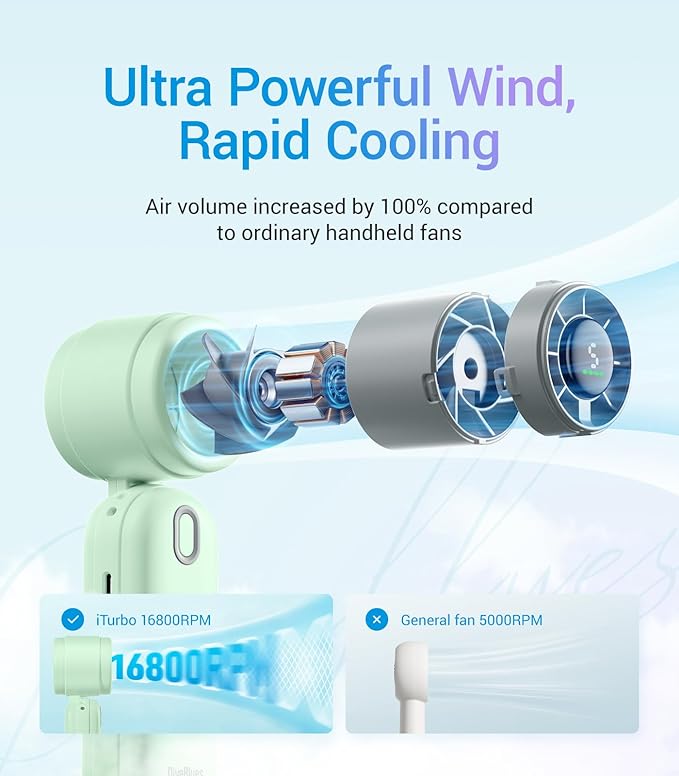 Diveblues High-Speed Portable Handheld Turbo Fan, USB Rechargeable Battery Powered, Small Portable Pocket Fan for Travel, Outdoor, Home, Office, Concerts, Lash, Gift for Women(Green)