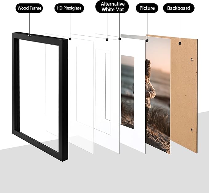KINLINK 12x16 Picture Frame Black, Solid Wood Frames with Acrylic Plexiglass for Pictures 11x14/9x12 with Mat or 12x16 without Mat,Wall Display Photo Frame, Set of 4