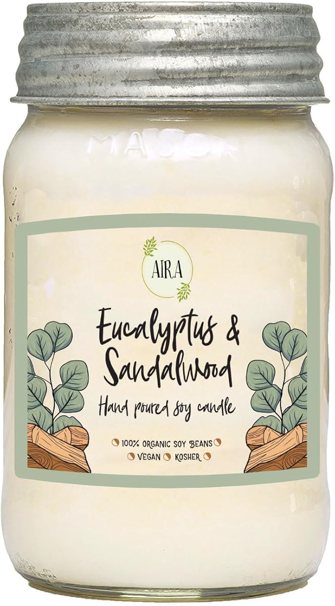 Aira Soy Candles - Organic, Kosher, Vegan, in Mason Jar w/Therapeutic Grade Essential Oil Blends - Hand-Poured 100% Soy Candle Wax - Paraffin Free, Burns 110+ Hours - Eucalyptus & Sandalwood -16 Ounce