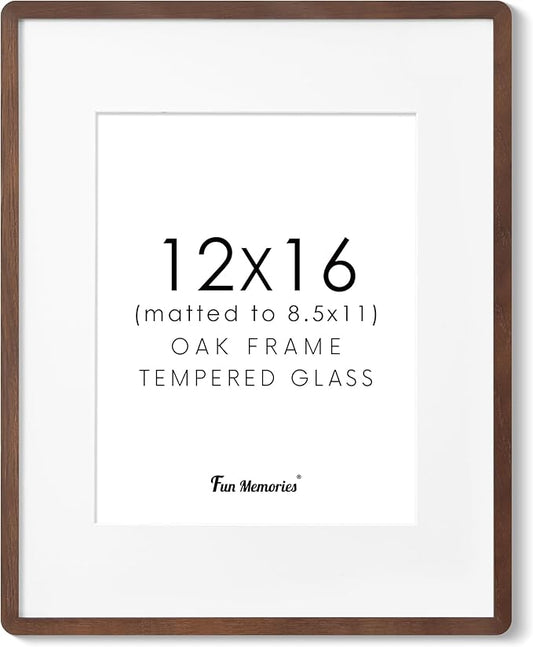 Solid Oak Wood 12x16 Picture Frame, Farmhouse 12 x 16 Wooden Frames, 12x16 Frame Matted to 8.5x11, Tempered Real Glass, 12"x16" Frames Minimalist Art Frame for Home Deocr, Walnut Color, 1 Pack