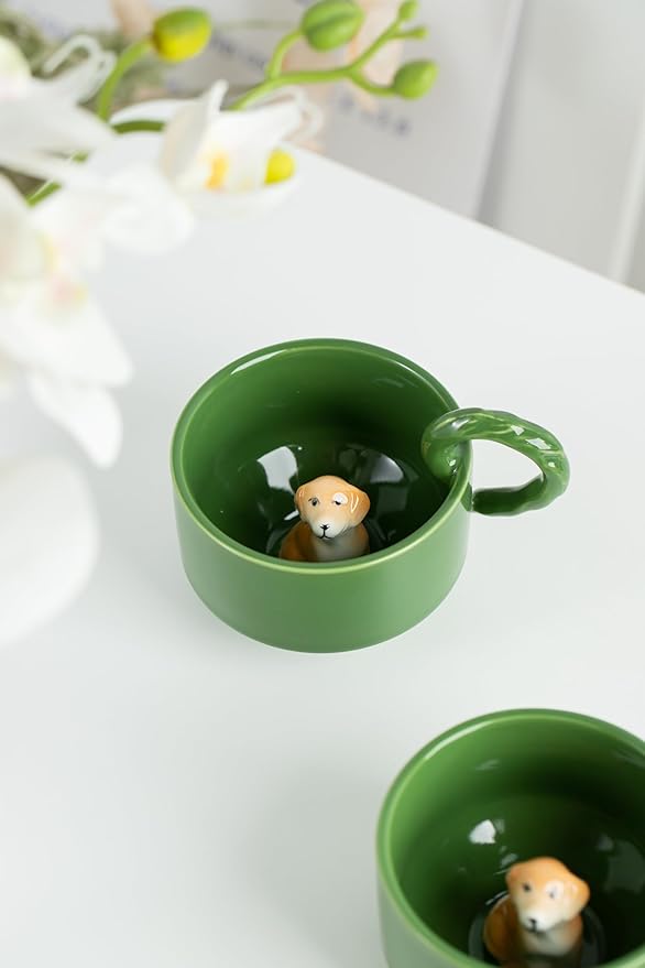 DIHOclub Ceramic Coffee Mug With Saucer 3D Dog Sculpture With Tail Handle - Elegant Office & Gift-Ready Tea Cup for Pet Lovers, Birthday, Christmas (Green Dog)