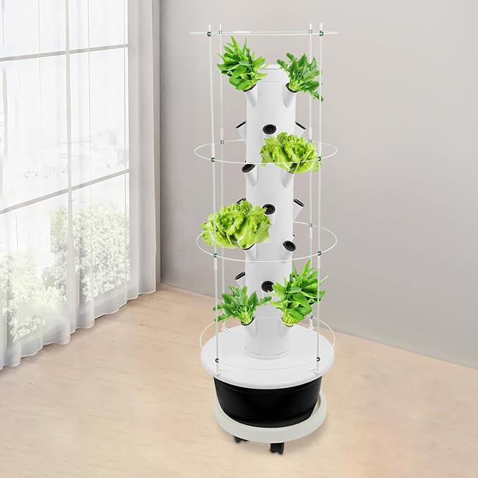 7-Tier 28 Plant Hydroponic Growing Tower, Indoor/Outdoor Vertical Garden System with Climbing Trellis, Garden Hydroponic Growing Kit for Growings Lettuce, Strawberries, Herbs, Vegetables