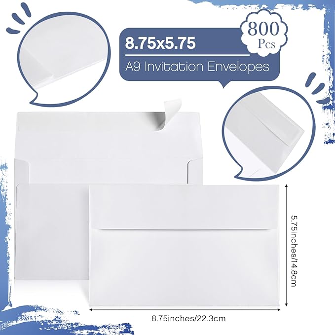 Fainne 800 Pcs White Envelopes Self Adhesive Printable Envelope Bulk for Invitation, Wedding, Baby Shower, Photography, Thank Note, Postcard, Greeting Card, Mailing, Graduation (A9 5.75 x 8.75 Inch)