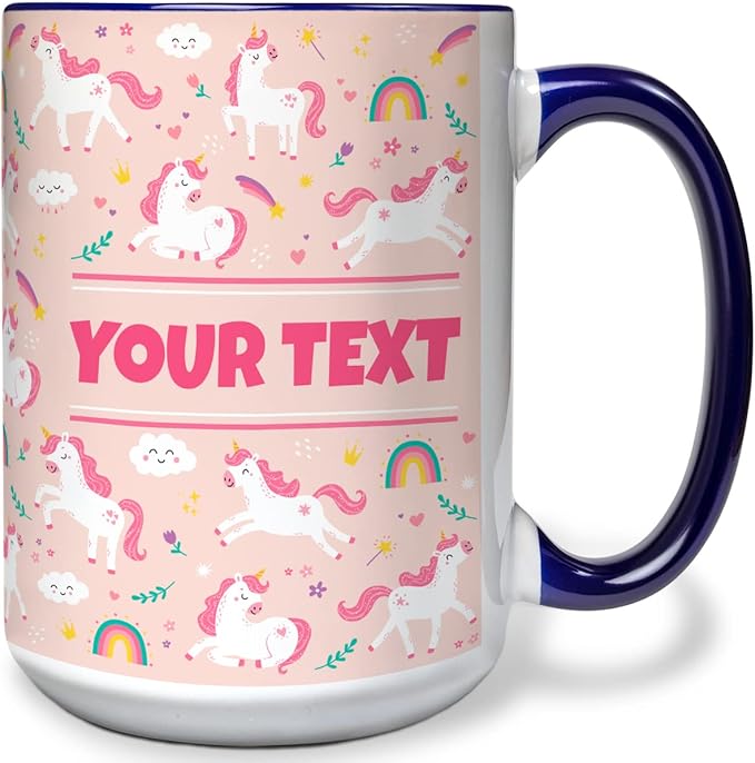 Personalized Mug for Kids - Pink Unicorn - Custom Name/Text, Ceramic Hot Chocolate/Cocoa/Coffee Cup for Girls, Birthday/Christmas/Holiday Gift - 15 oz, Red Handle